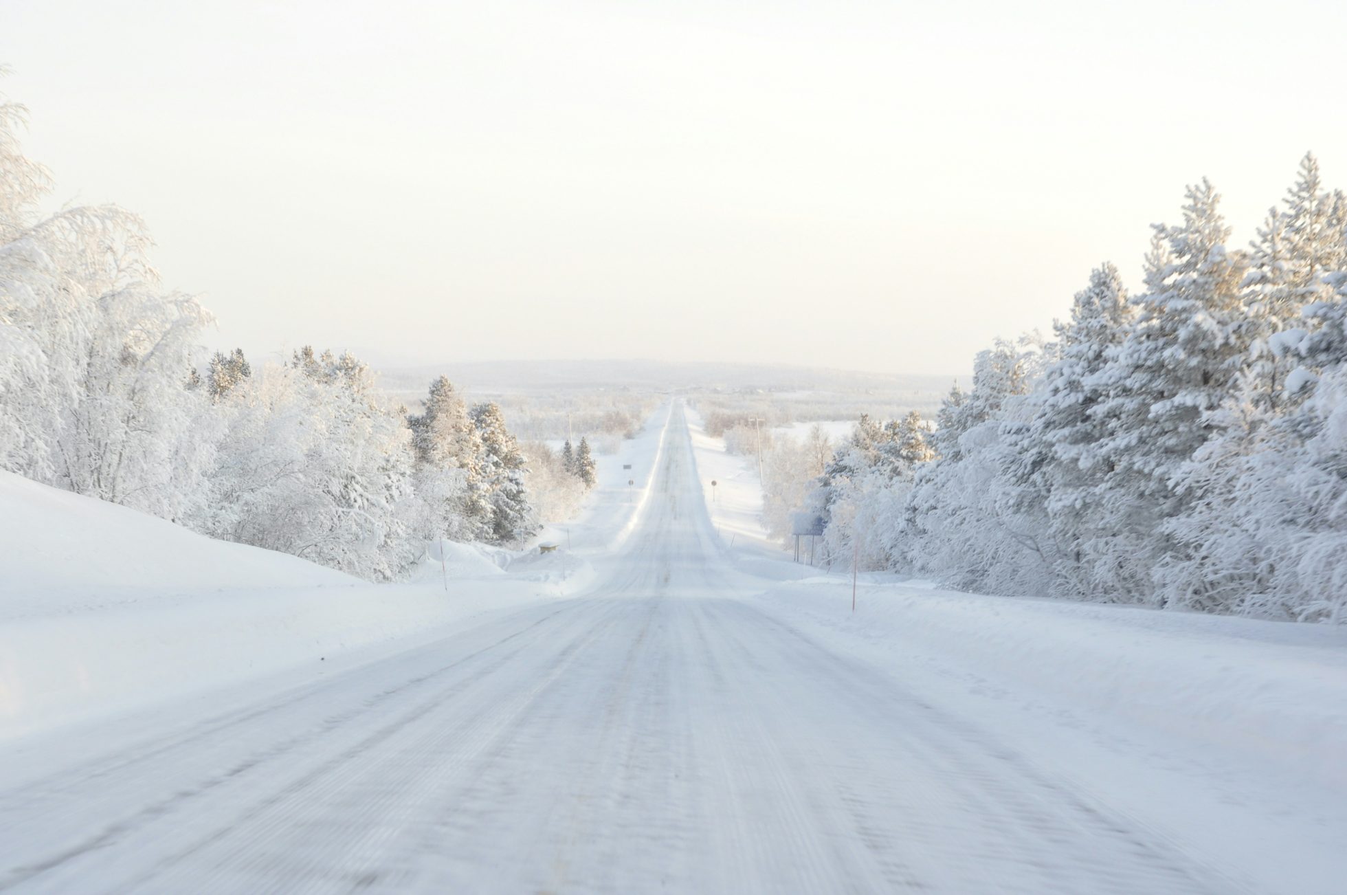 A road all the way to the horizon in a forest in Finland, the entire landscape covered in snow.