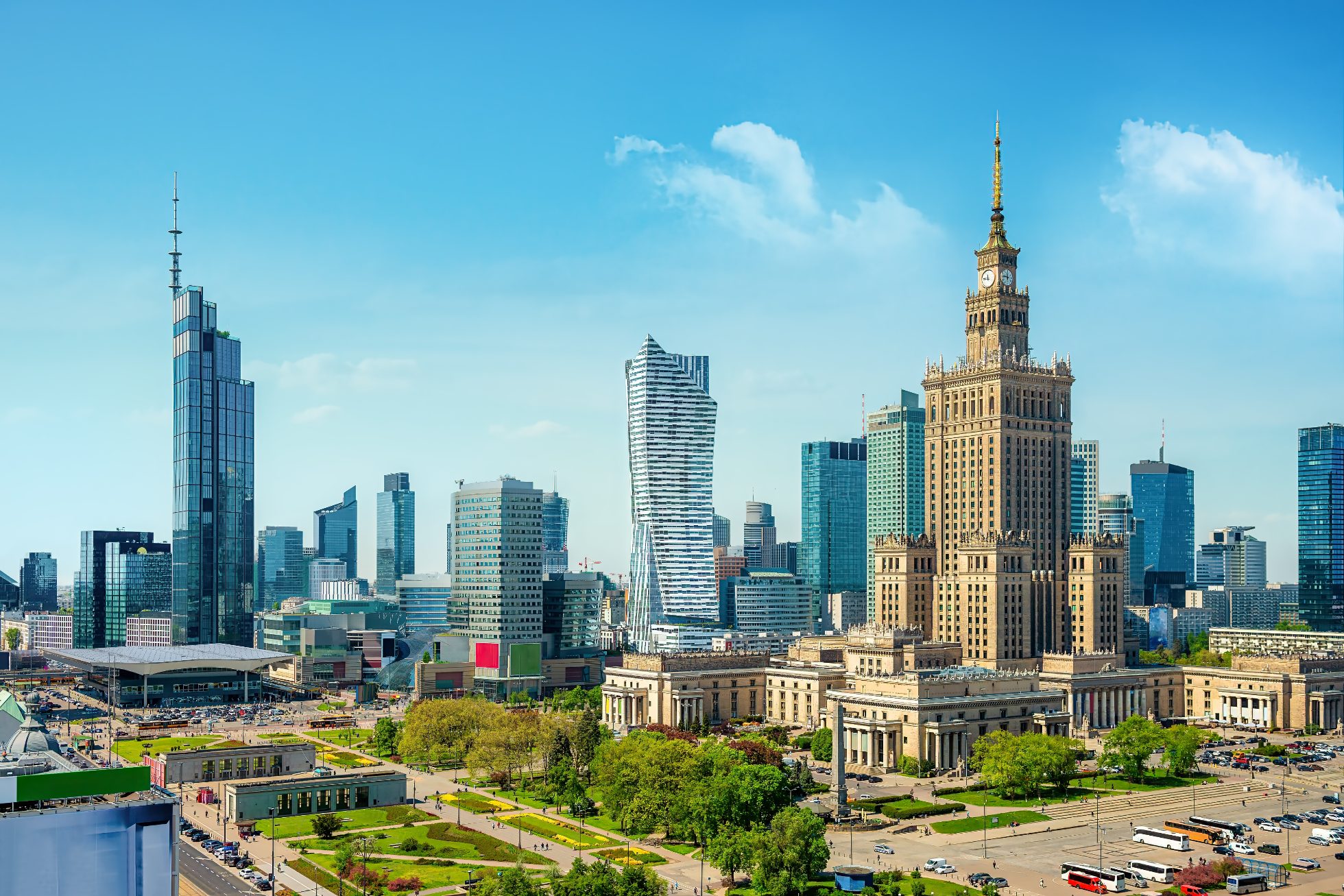 View of a historic building in Warsaw on a sunny day.