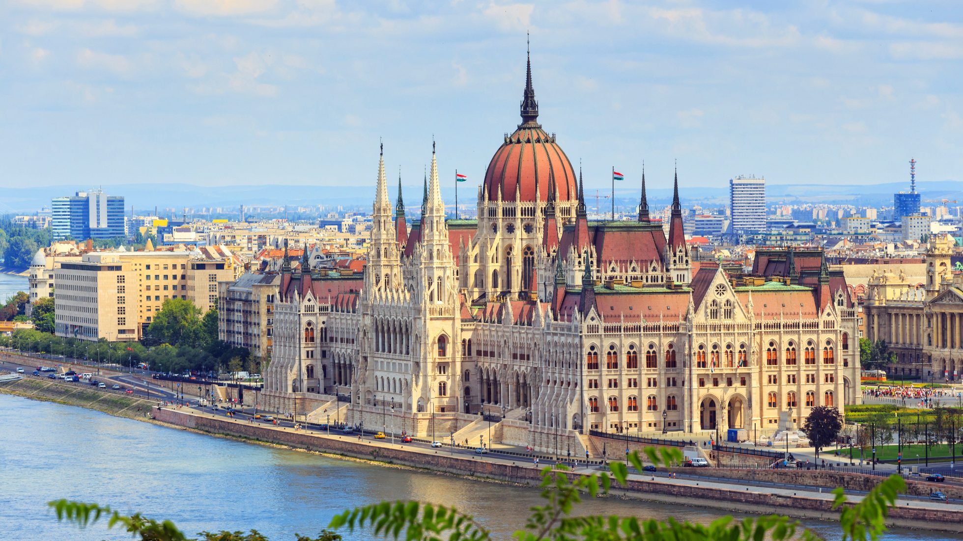 Budapest and the Parliament building on the riverbank.