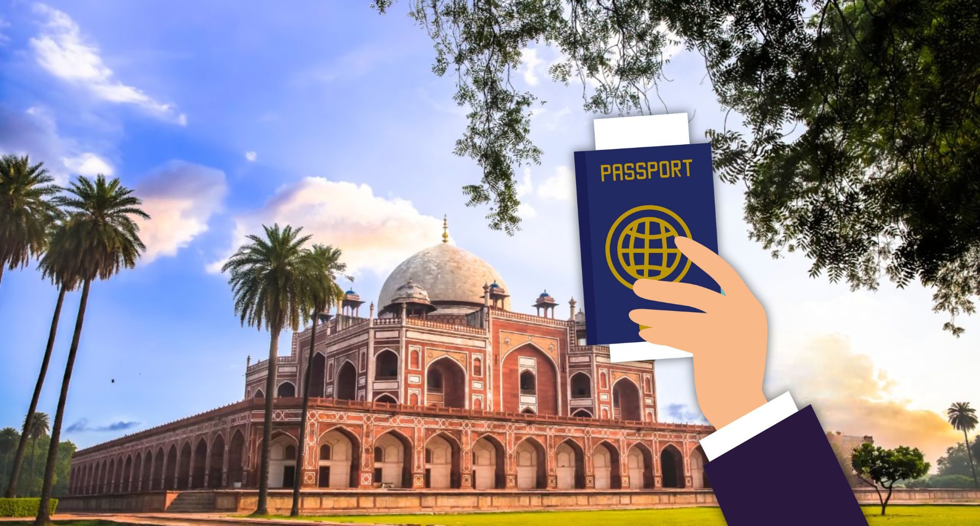 An illustration showing a hand holding travel documents against the backdrop of an Indian landscape.