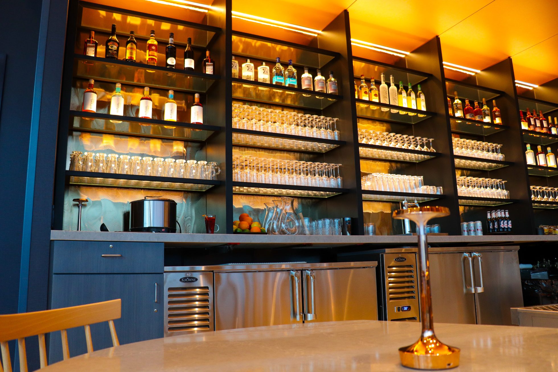 Organized and stocked business lounge bar in Chicago