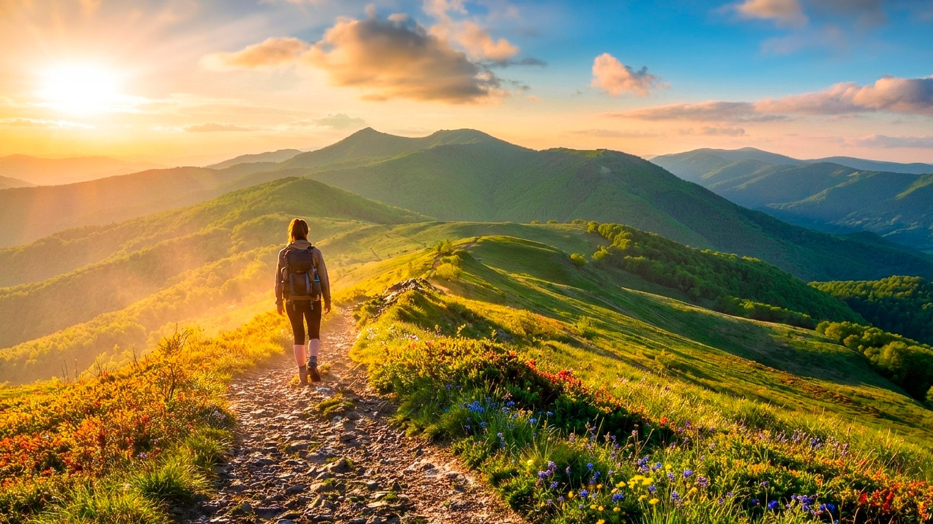 Tourist on a mountain trail in the Podkarpacie region