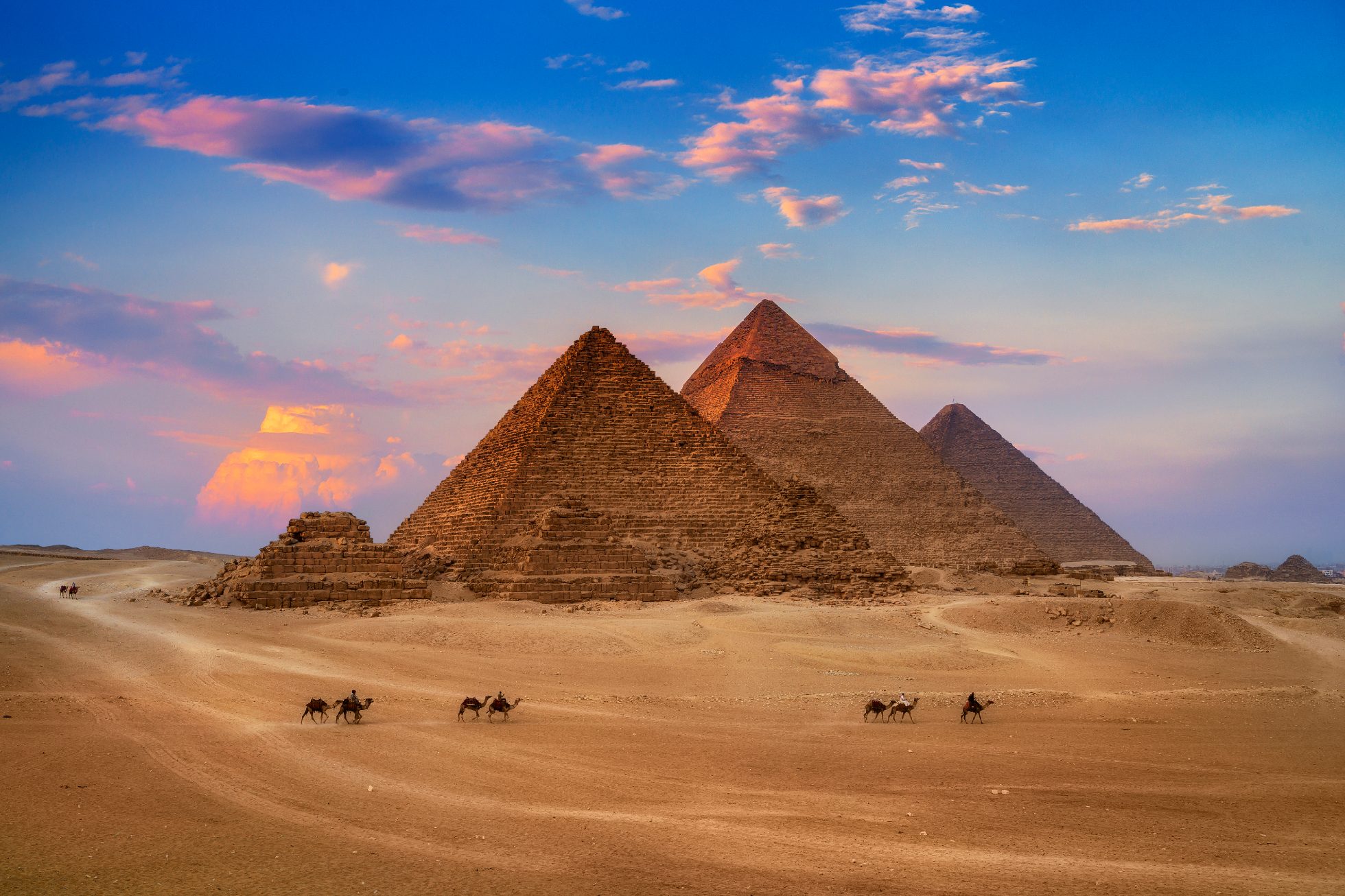 Giza Egypt Pyramids in Sunset Scene, Wonders of the World.