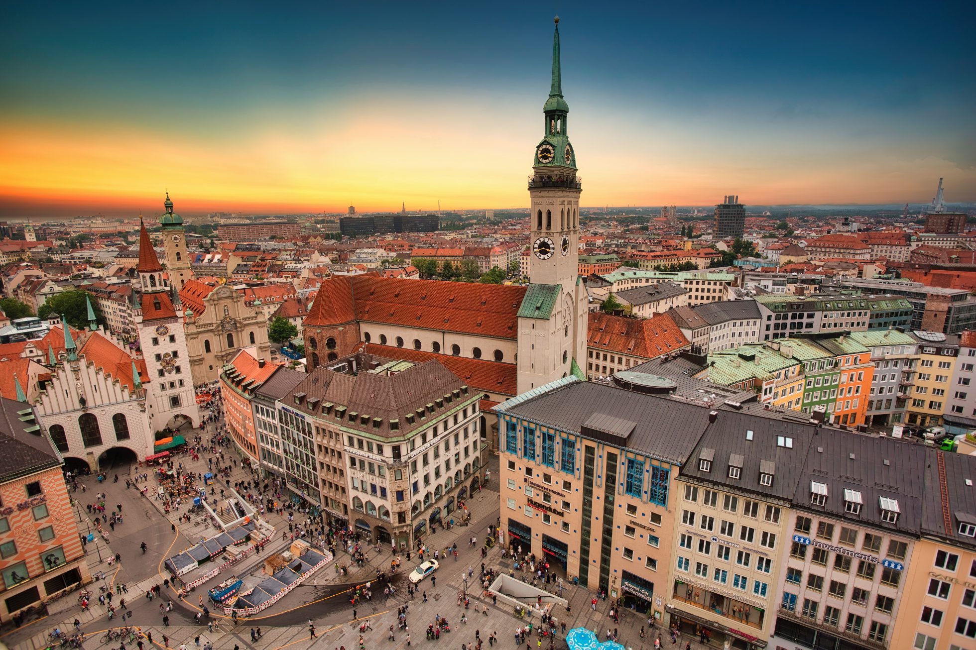 View from a bird's eye view at Munich at sunset