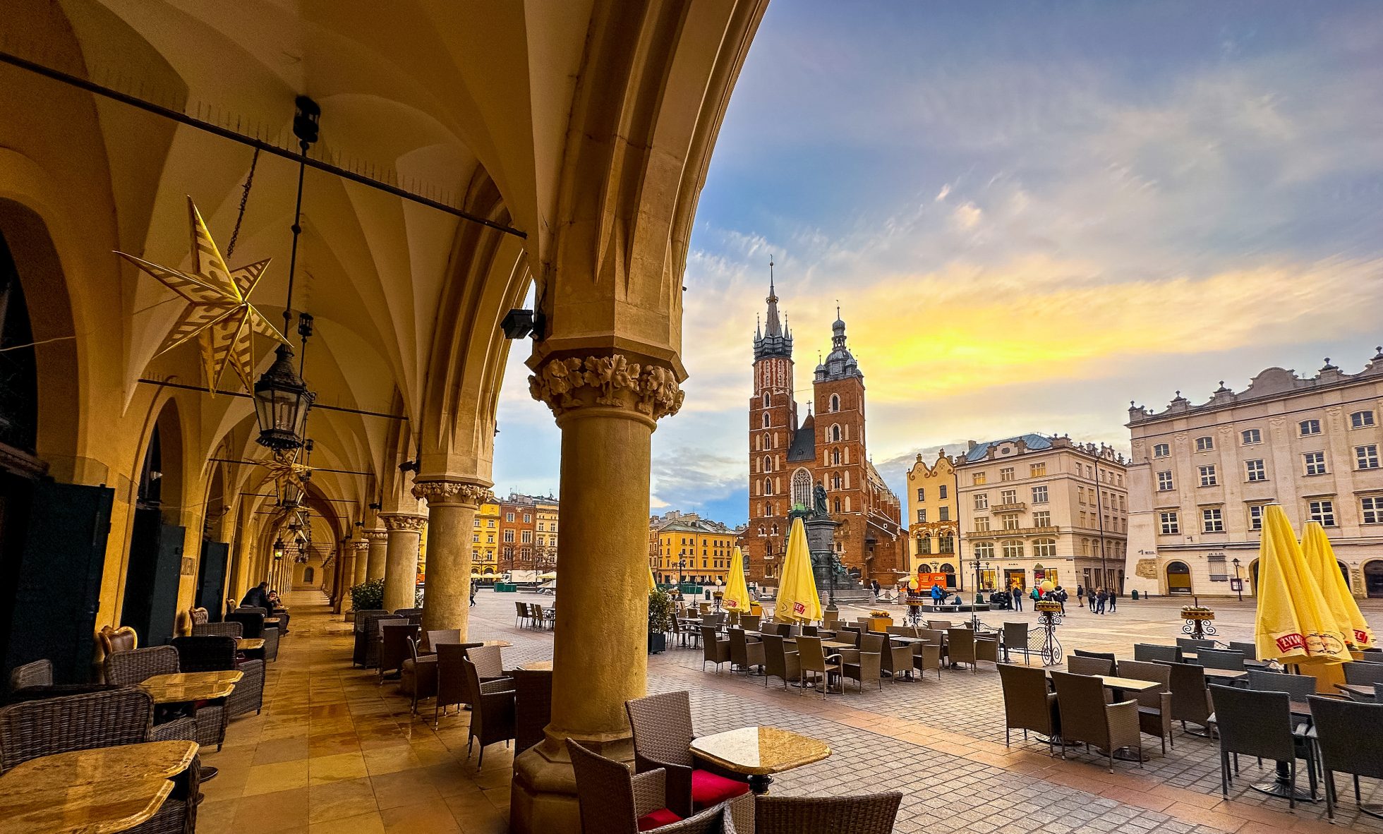 View of St. Mary's Basilica from the clothier in Krakow at sunrise