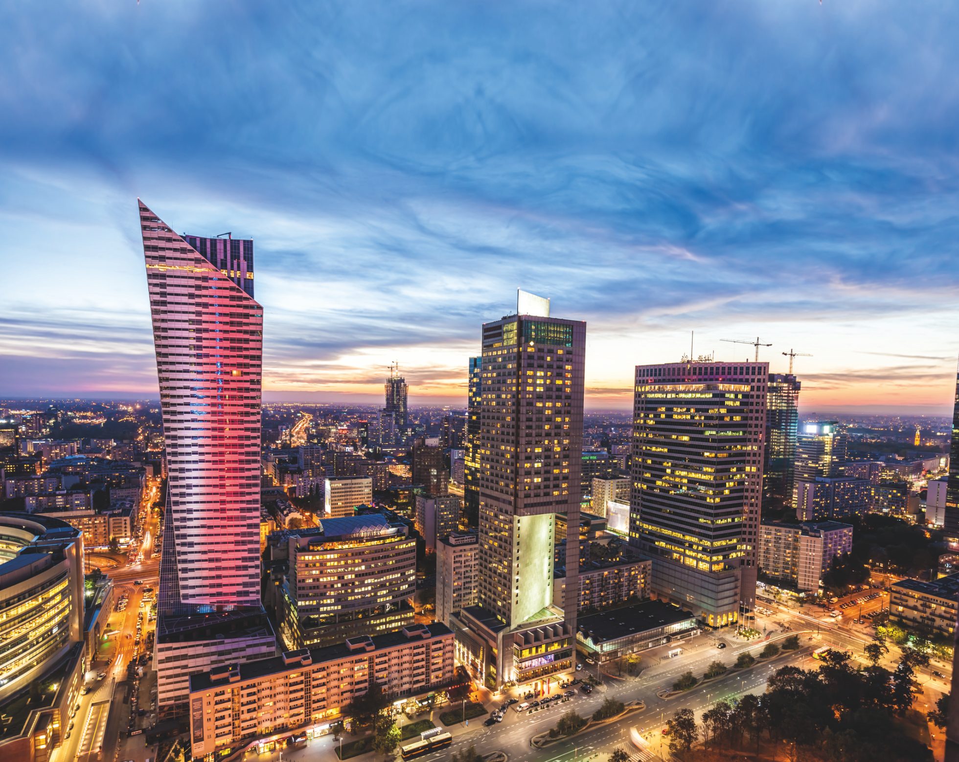 Warsaw office buildings at sunset