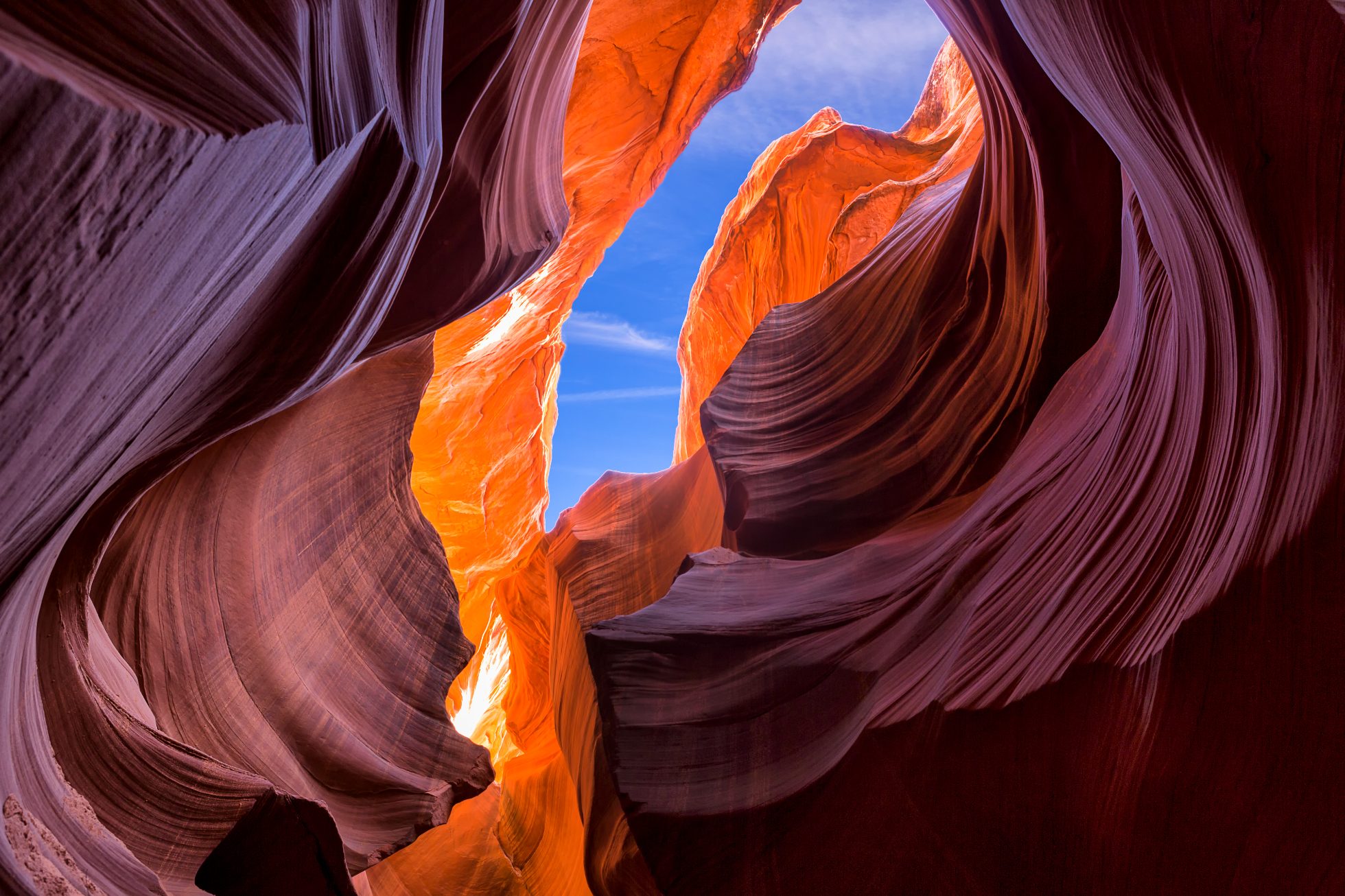 A wide-angle view of the incredible sandstone formations in the famous Antelope Canyon