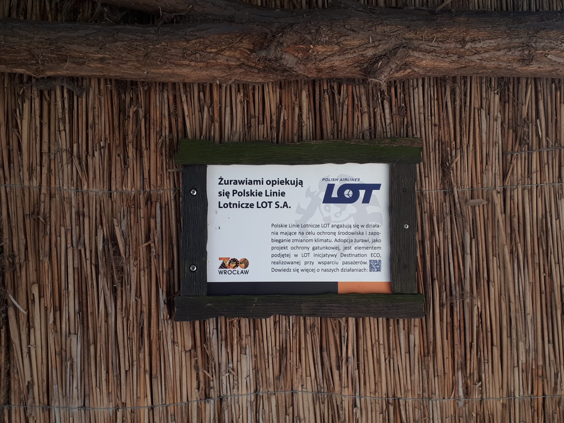 a plaque that reads "the cranes are taken care of by LOT Polish Airlines S.A.