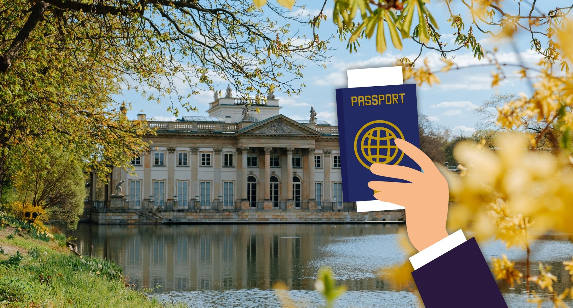 Hand holding travel documents against a background of Polish monuments