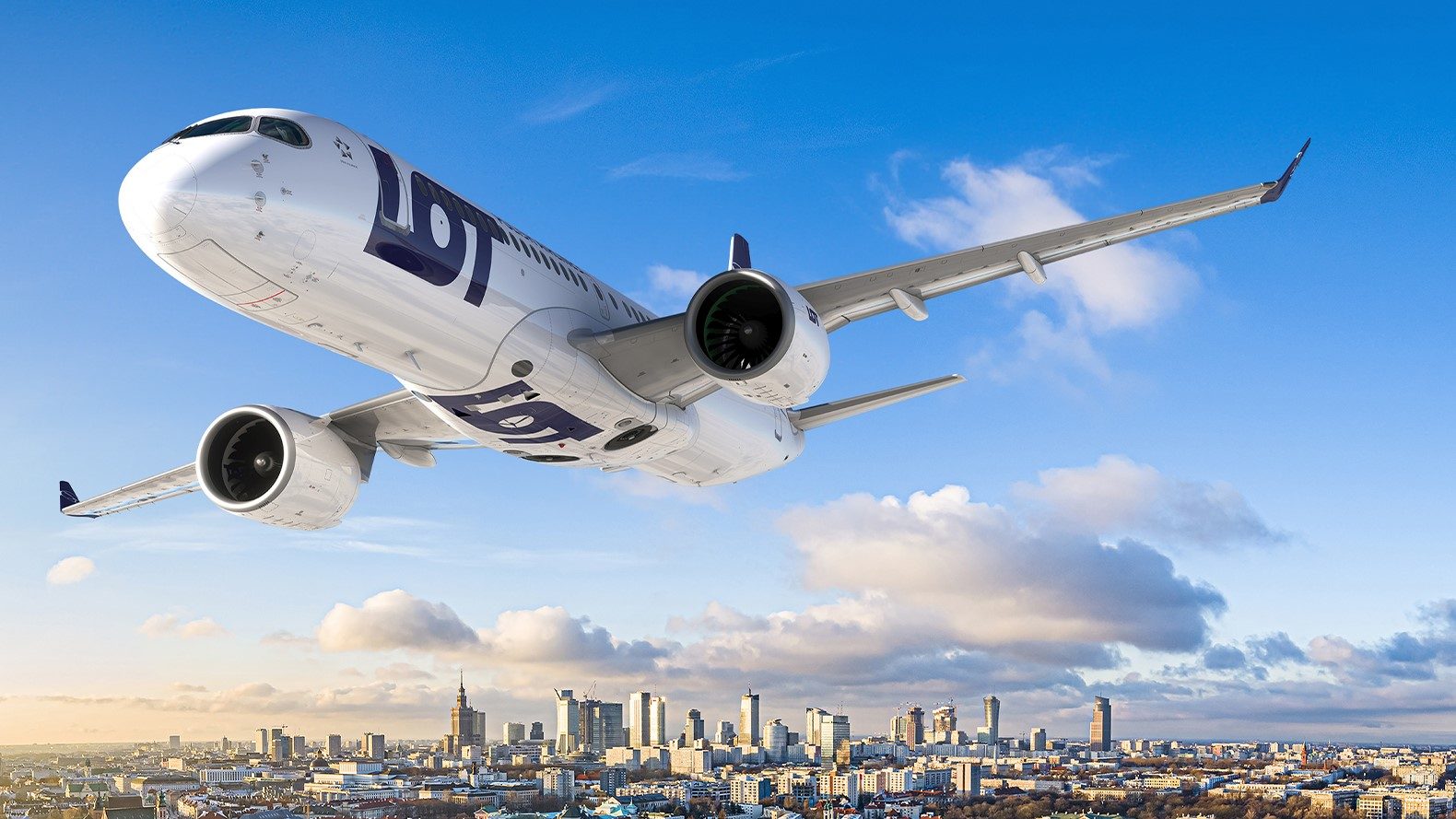 A visualisation of an Airbus a220 in the colours of LOT Polish Airlines during a flight over Warsaw. View of the capital city, visualisation of an Airbus a220 in LOT Polish Airlines colours on the apron.