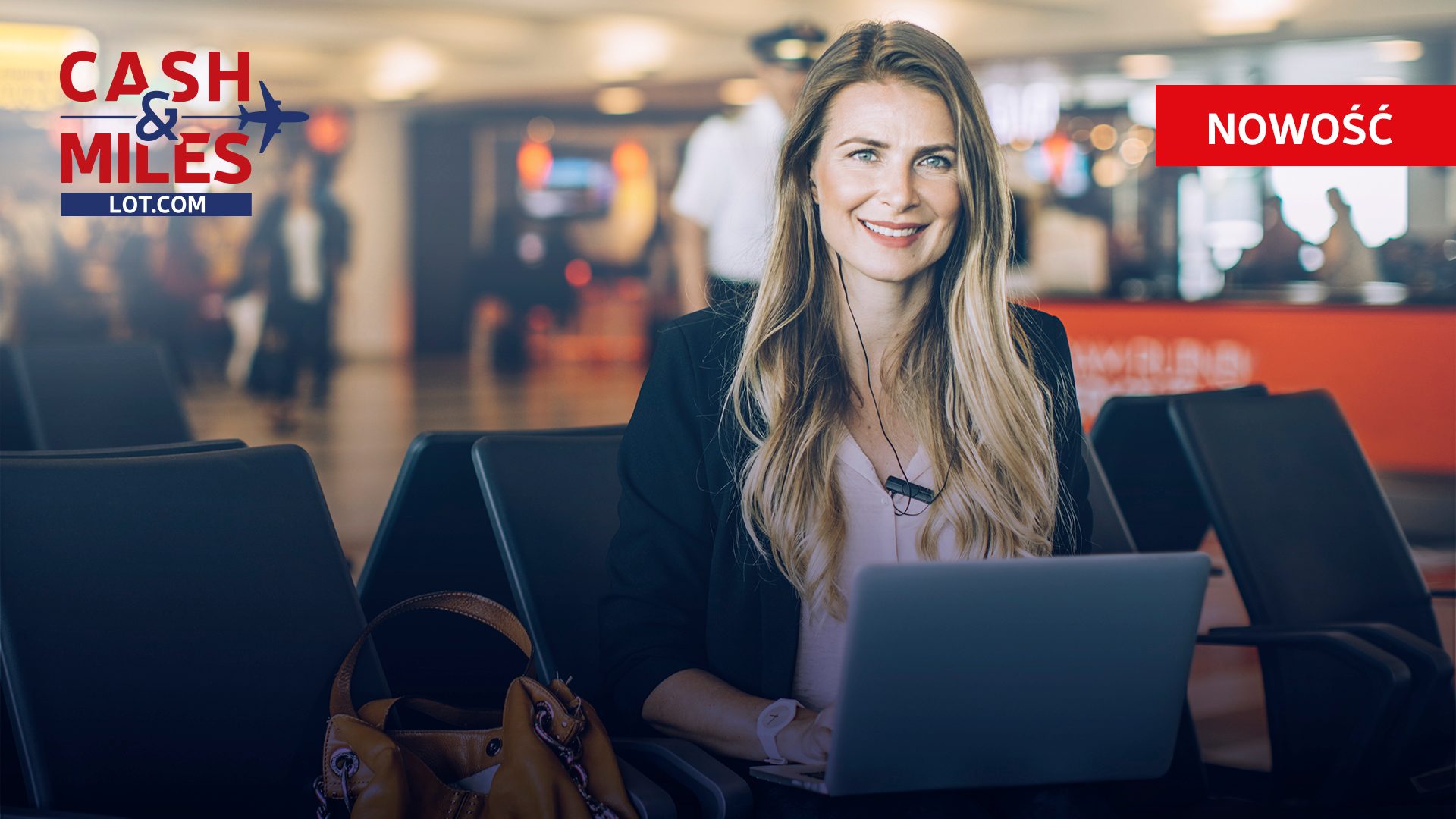 Smiling women at the . Logo "cash & miles" and "new"