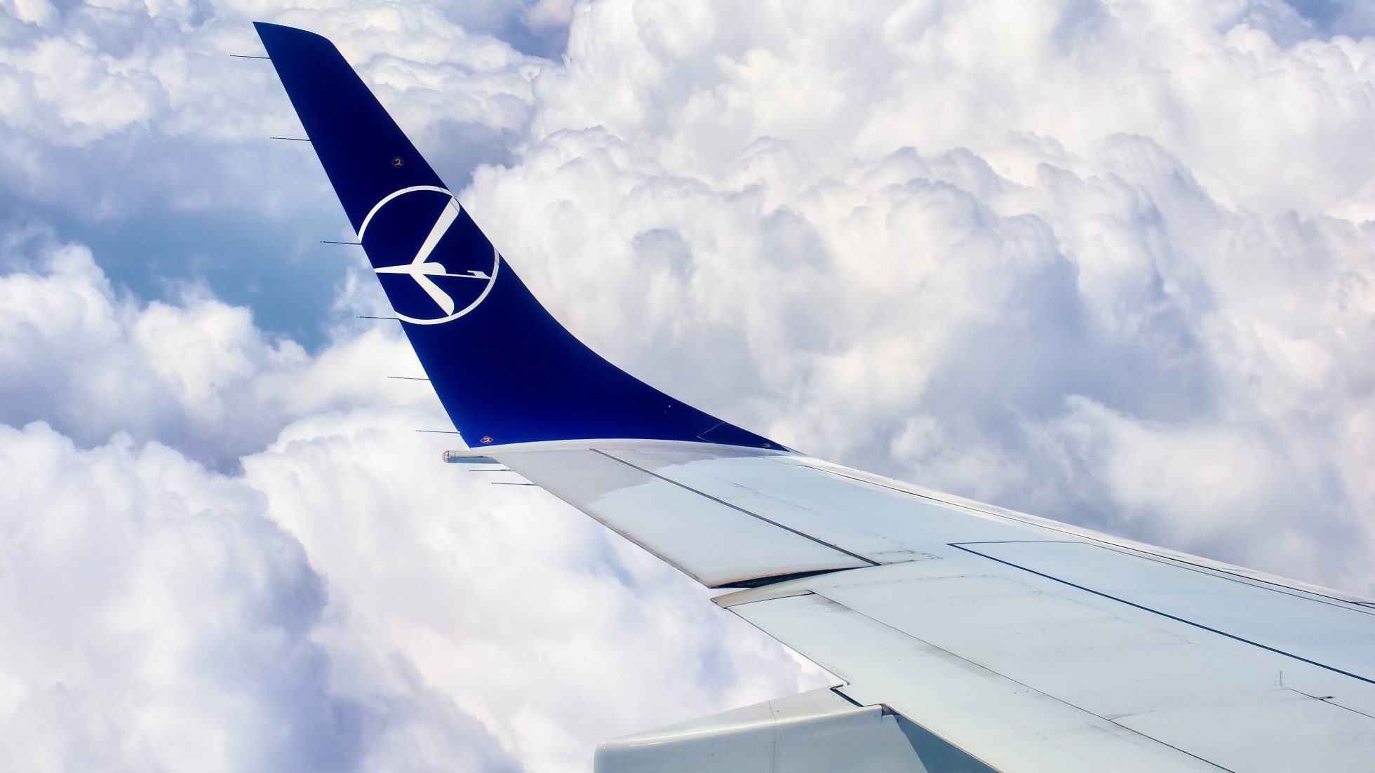 winglet (vertical wing tip) with the crane logo against a background of clouds