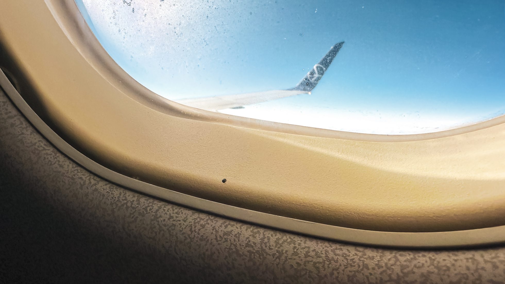 An airplane window and a wing with a small hole visible, the purpose of which is to equalize the pressure between the layers of glass