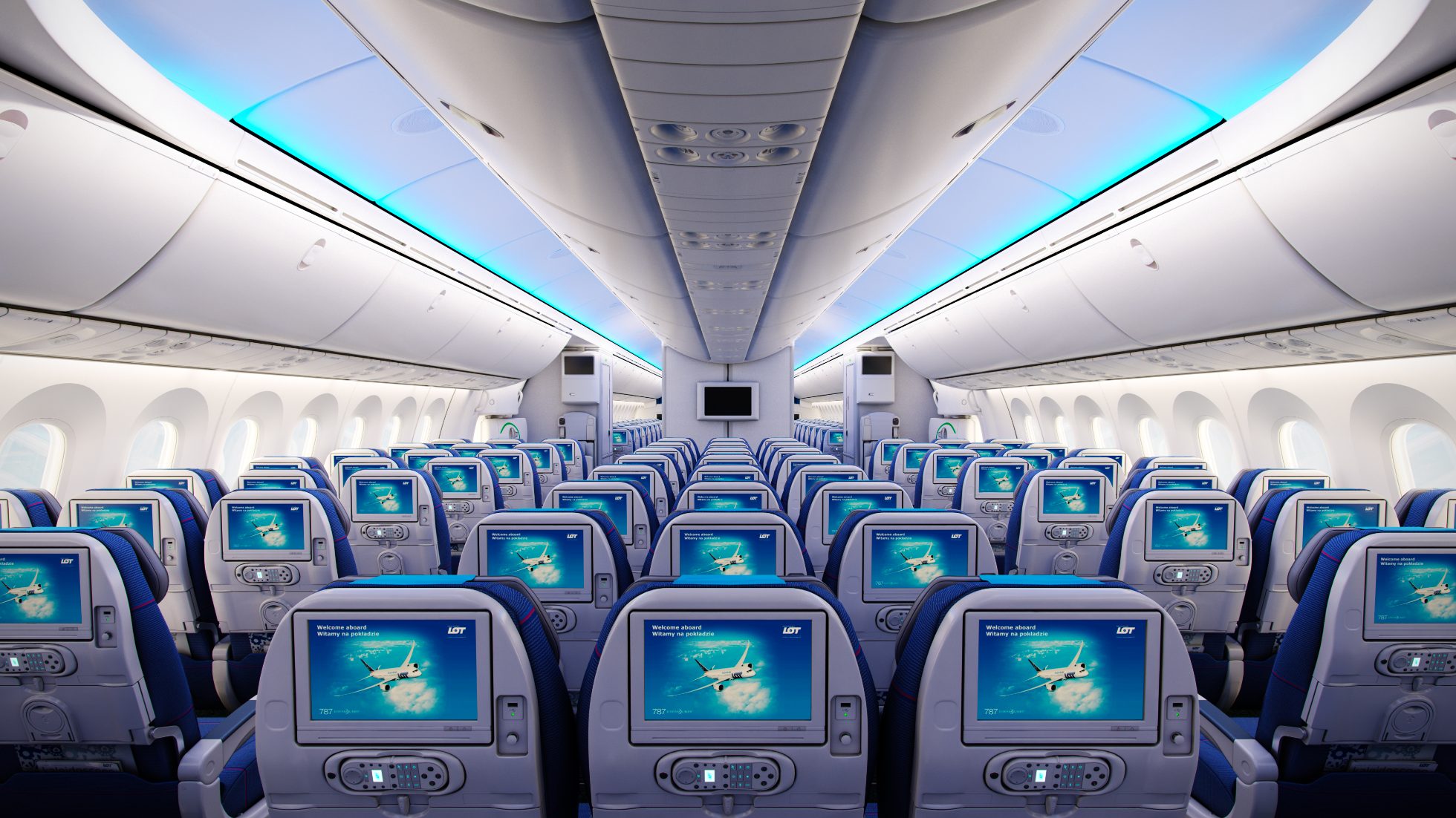 L'interno dell'aereo Boeing 787