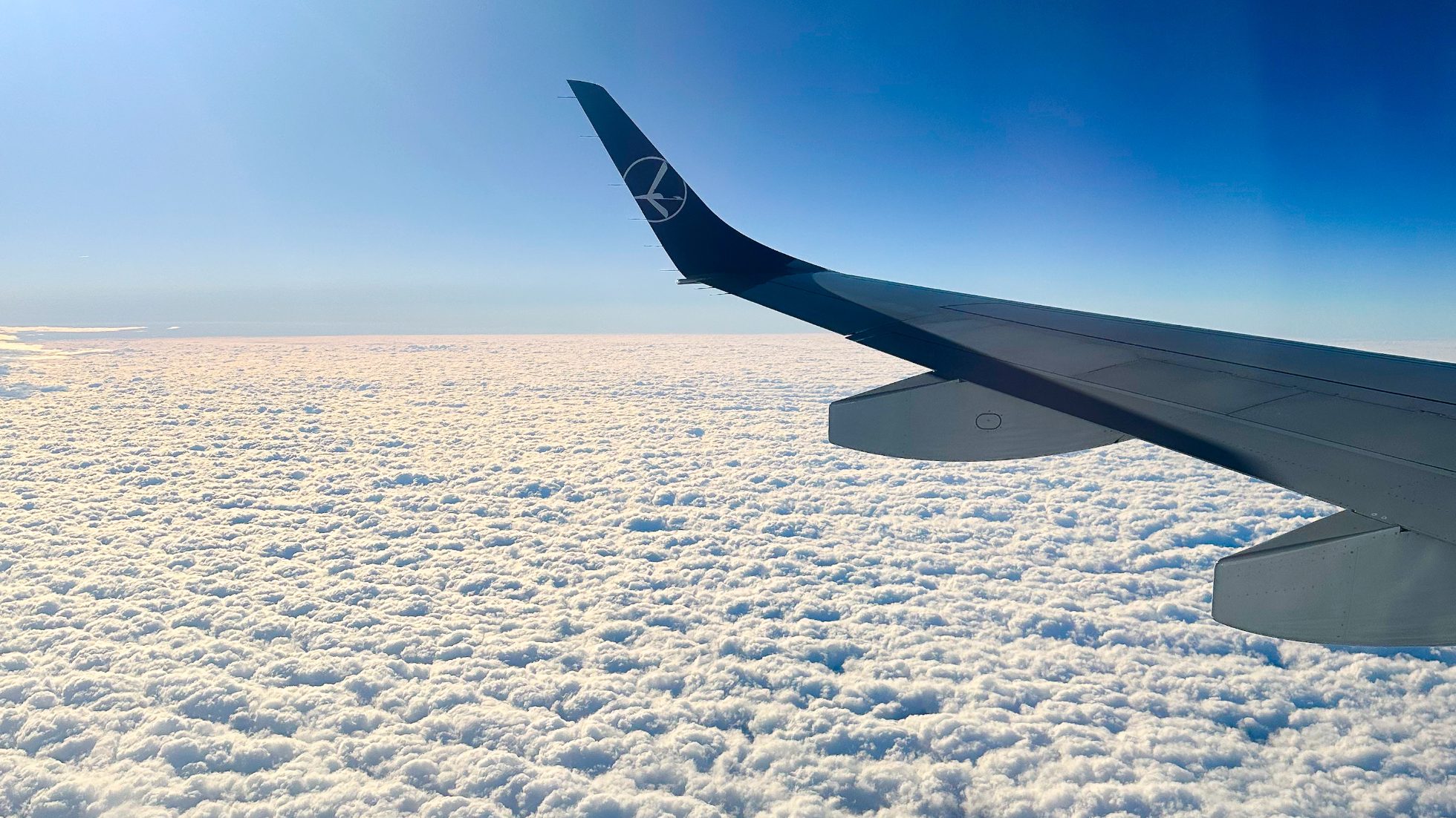 Wing of airplane above clouds on sunny day