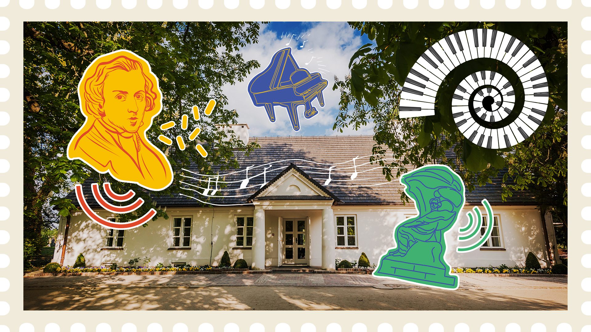 Photo of Żelazowa Wola manor decorated with Chopin-related graphics