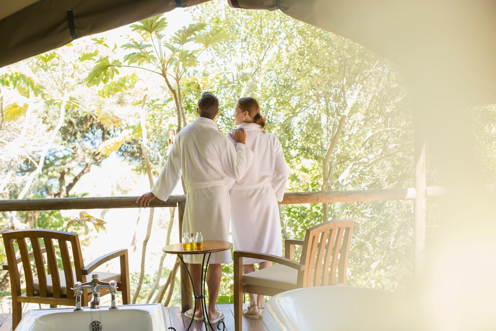 Couple in bathrobes, relaxing in the spa