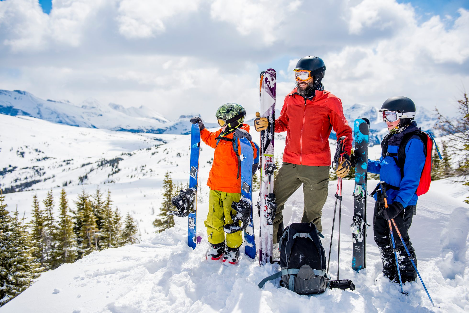 A cheerful family spends a winter vacation skiing