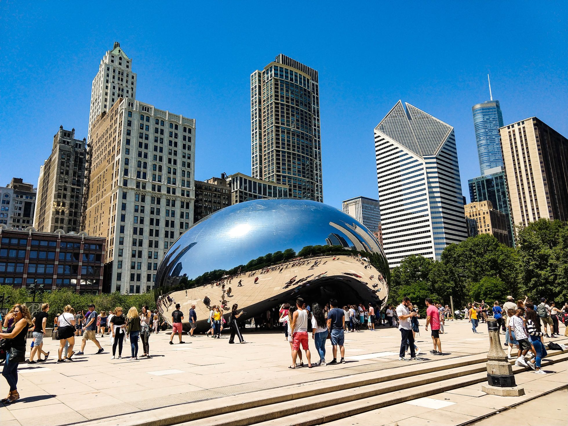 Cloud Gate, a bean-shaped sculpture, in Millennium Park in Chicago