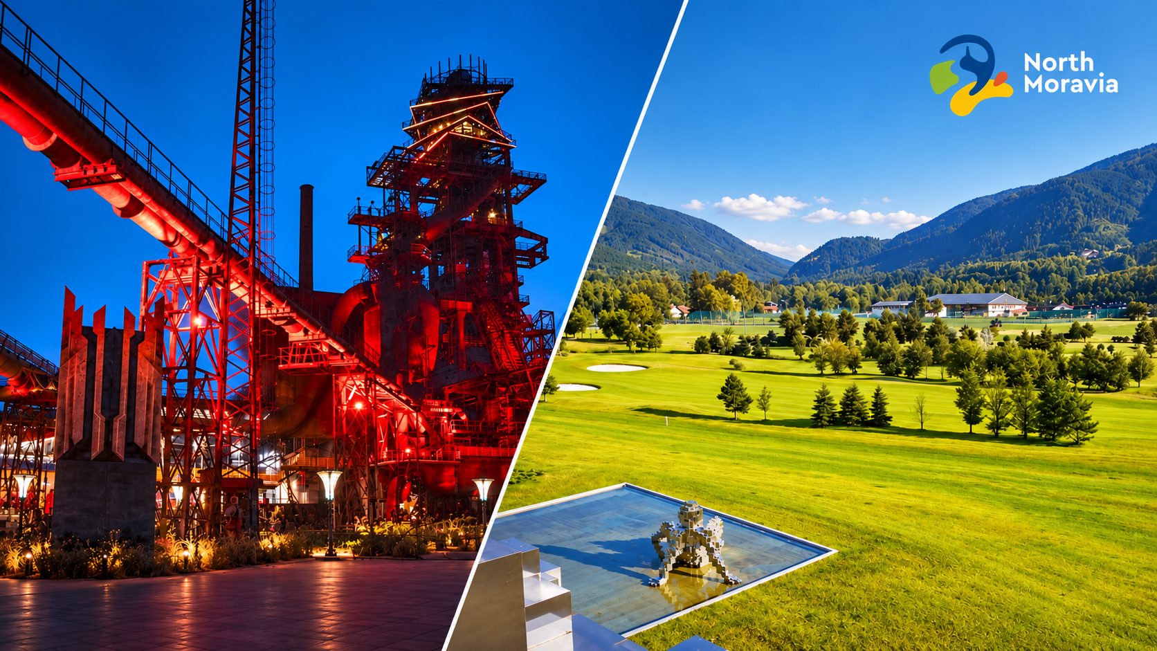 Mountain landscape from Ostrava and a photo of an illuminated steelworks.